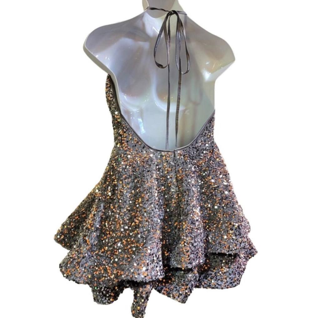 Women's Silver V Neck Halter Short Sequin Dress