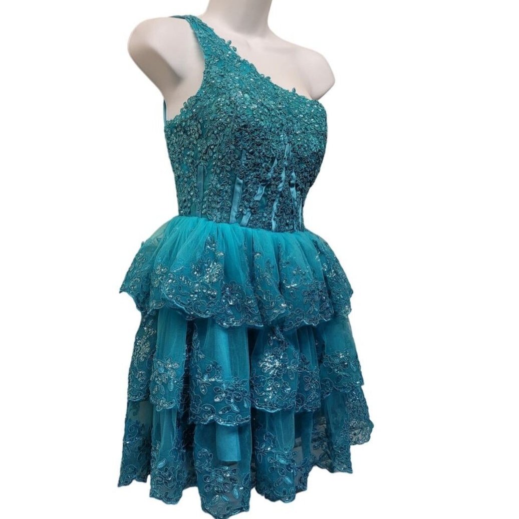 Women's Teal One Shoulder Asymmetrical Tiered Short Dress