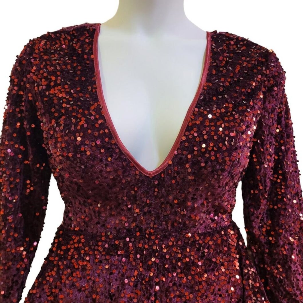 Women's Burgundy Long Sleeved Corset Back Short Sequin Dress