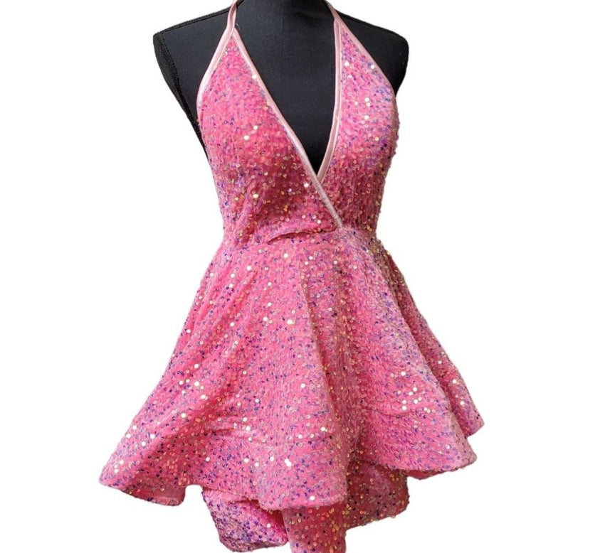 Women's Bubblegum Pink V Neck Halter Short Dress