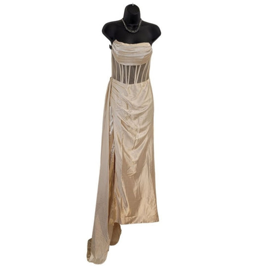 Beige Champagne Strapless Halo Dress with Structured Bodice and Side Train