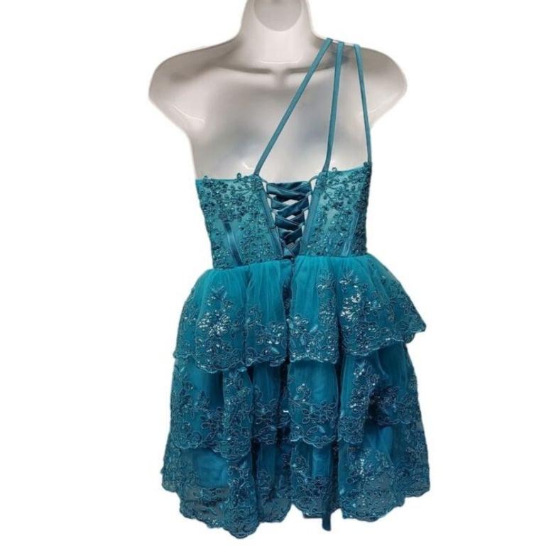 Women's Teal One Shoulder Asymmetrical Tiered Short Dress
