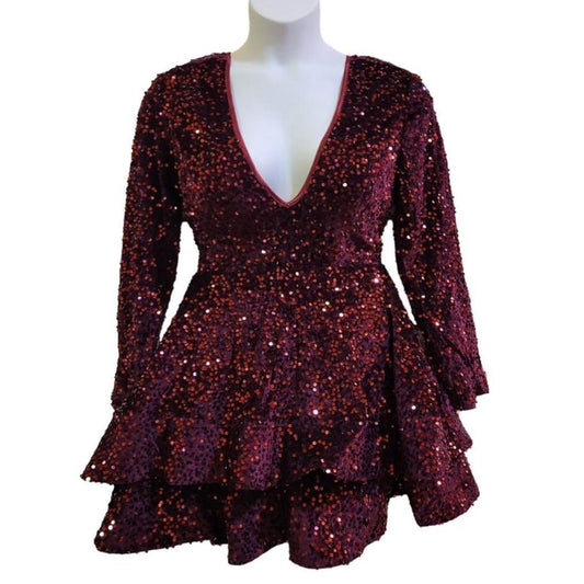 Women's Burgundy Long Sleeved Corset Back Short Sequin Dress