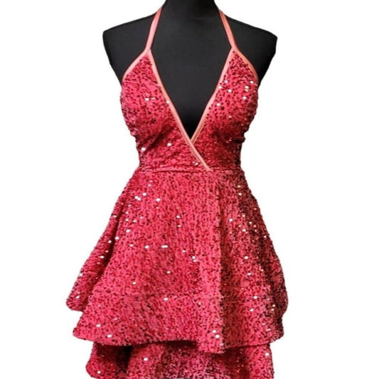 Women's Magenta Pink V Neck Halter Short Dress