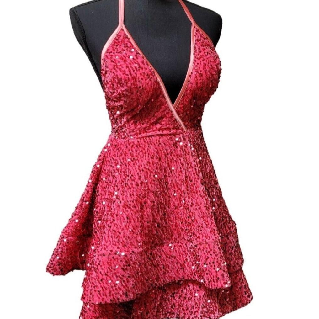 Women's Magenta Pink V Neck Halter Short Dress