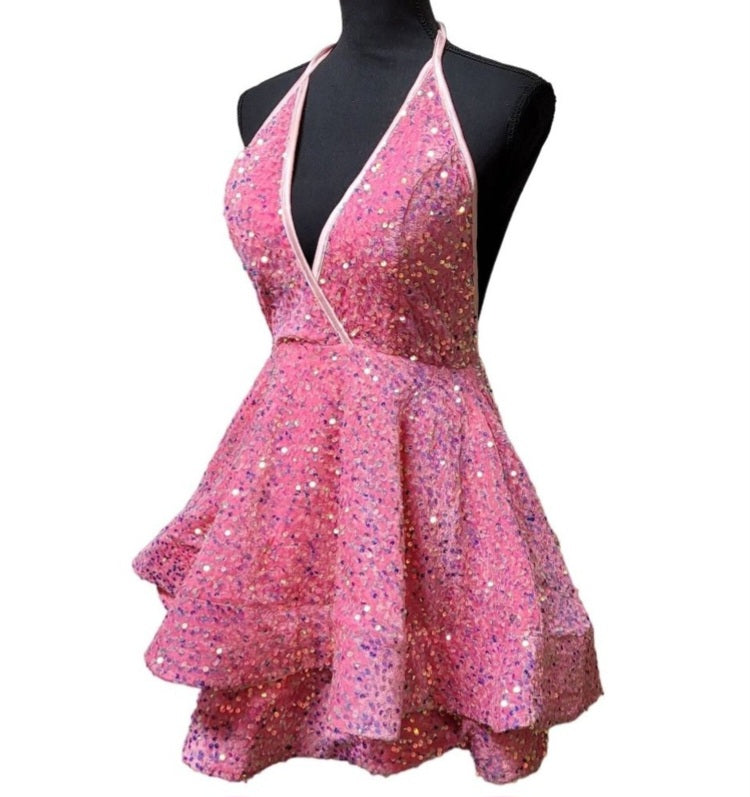 Women's Bubblegum Pink V Neck Halter Short Dress