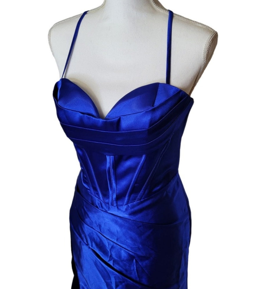 Sapphire Blue Strappy Halo Dress Sweetheart Neckline with Corset Back